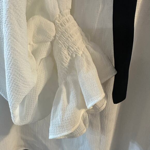 CeCe Women's White Flowy Black-Tie Collared Blouse with Bell Sleeves Medium - Picture 5 of 7